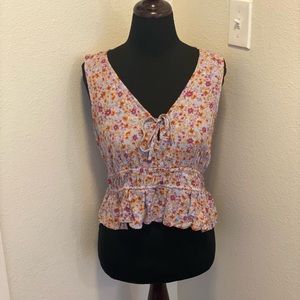 Pink Rose Blue Floral Boho Crop Top L NEW